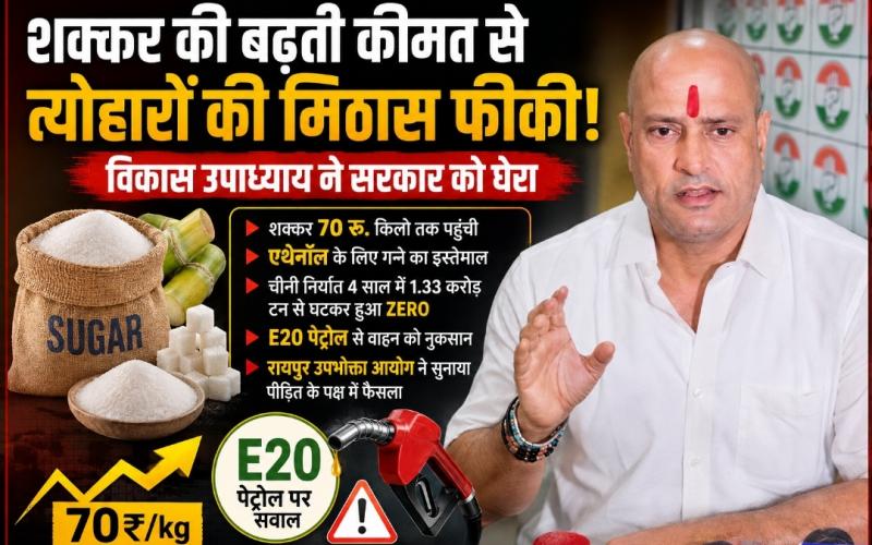 Sugar price, sugar prices, sugar ₹70 per kg, E20 petrol, ethanol production, former parliamentary secretary and shadow MP Vikas Upadhyay, Raipur Consumer Commission, sugar export, jaggery price, Raipur, Chhattisgarh, Khabargali