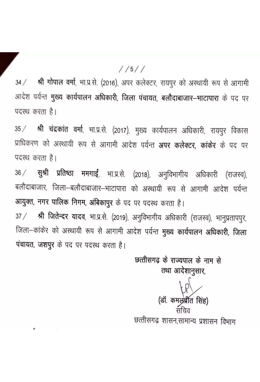 Dr. Sarveshwar Narendra Bhure, Raipur, Saurabh Kumar, Pushpendra Kumar Meena Durg, Administrative reshuffle, transferred, transfer, Chhattisgarh, Khabargali