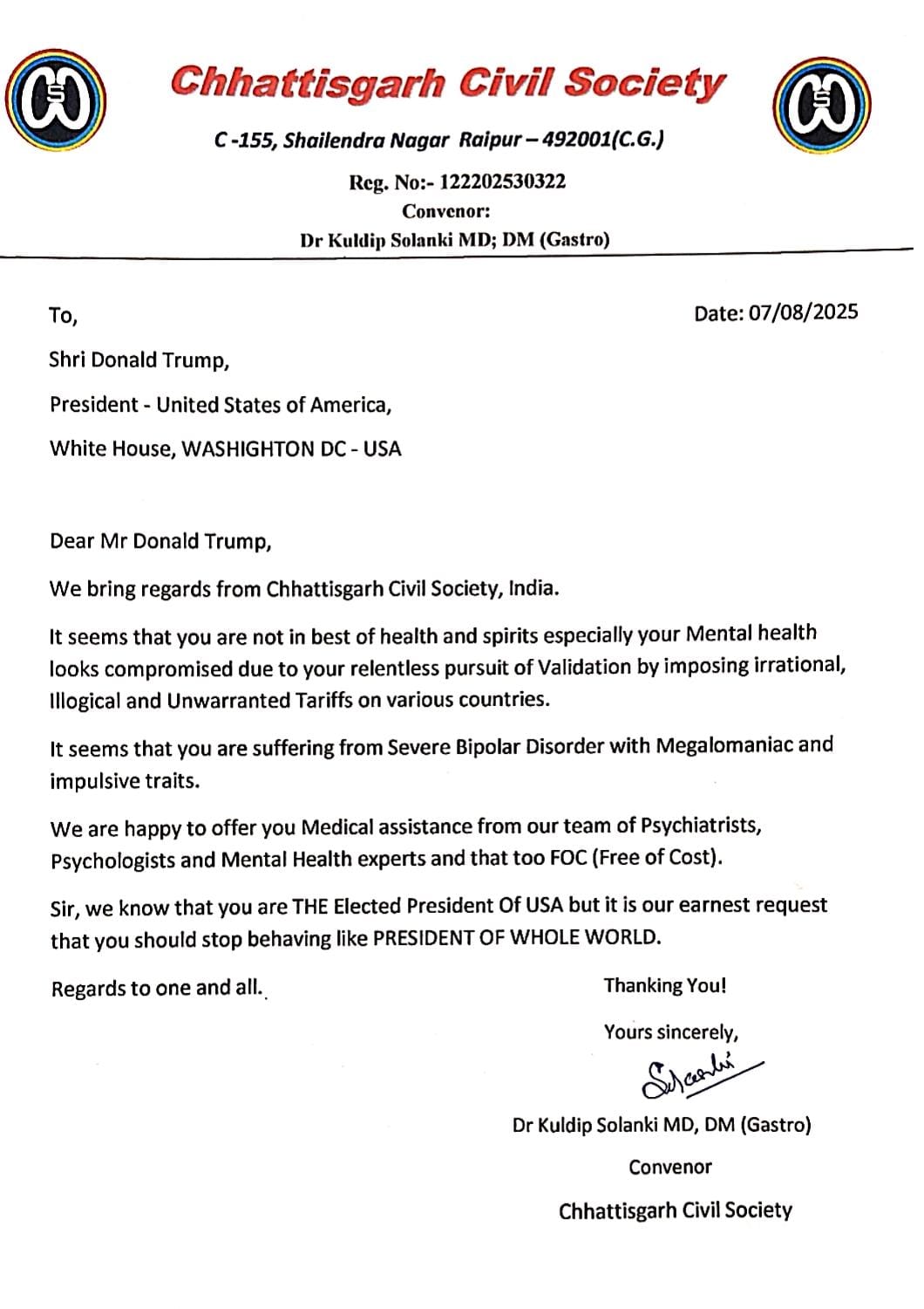 Trump should not make the mistake of becoming 'world president': Chhattisgarh Civil Society Chhattisgarh Civil Society expressed concern over Trump's mental condition, offered free treatment, CCS Convenor Dr. Kuldeep Solanki, Raipur, Chhattisgarh, Khabargali