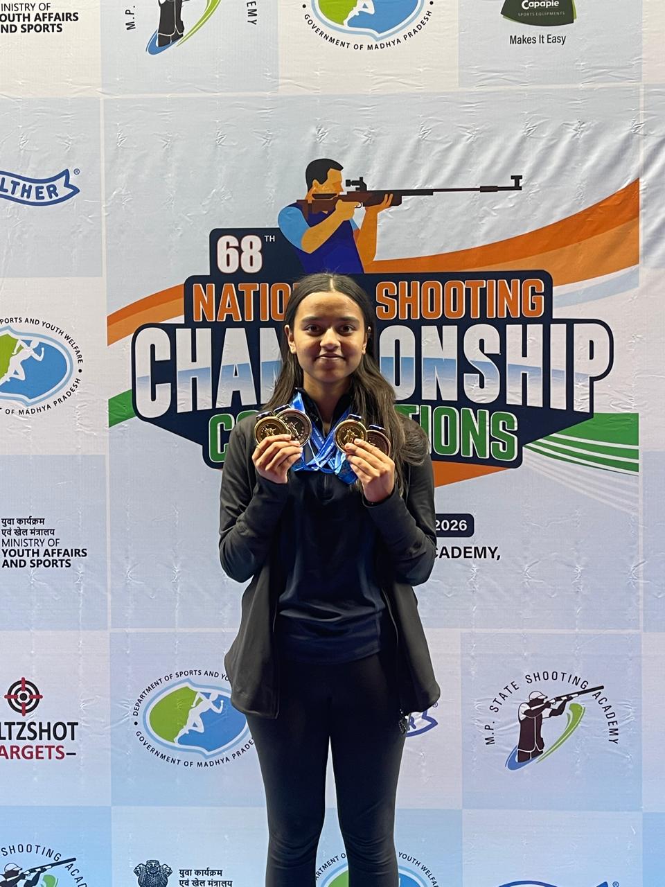 Pranju Somani, a daughter of Chhattisgarh, made history by winning 4 medals at the National Shooting Championship, breaking a 25-year drought and setting a national record in shooting.  The 68th National Shooting Championship was held in Bhopal, Madhya Pradesh.  She trains at the Top Gun Academy located at Subhash Stadium in Raipur, under coach Gopal Dubey, Khabargali