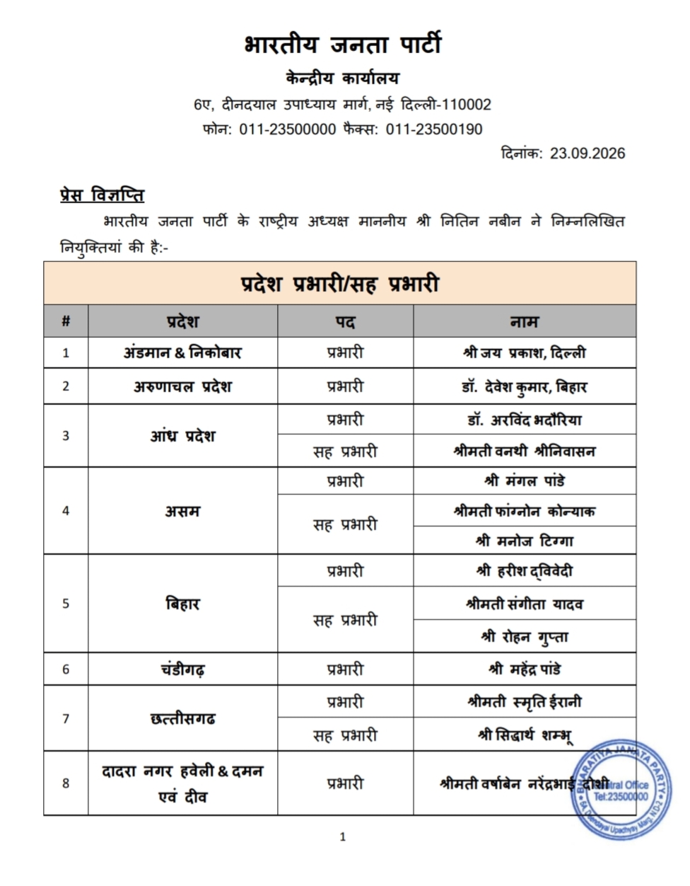 Smriti Irani handed charge of Chhattisgarh BJP Siddharth Shambhu appointed co-in-charge Nitin Nabin releases list of appointments latest News hindi news khabargali 
