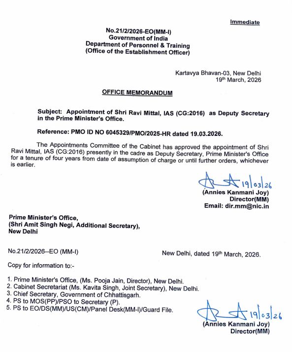 Chhattisgarh cadre IAS Dr. Ravi Mittal gets a big responsibility, appointed as Deputy Secretary in the Prime Minister's Office. raipur chhattisgarh latest news khabargali