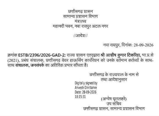  IAS Ashish Tikriha given additional charge of Director of Public Relations; General Administration Department issues order. raipur hindi news khabargali 