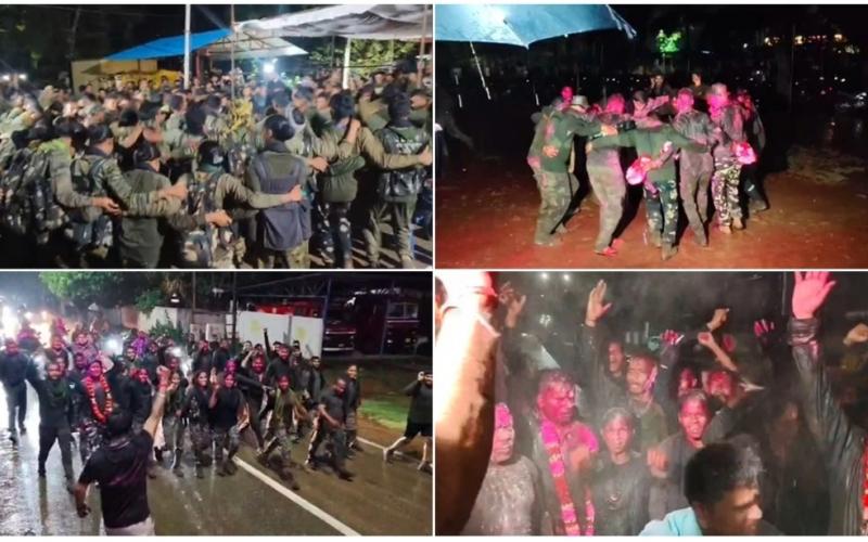 The soldiers celebrated the victory....danced in the pouring rain and shouted slogans of Bharat Mata ki Jai, expressed the joy of killing the main Maoist leader Basav Raju and his companions in this way, Narayanpur, Chhattisgarh, Khabargali