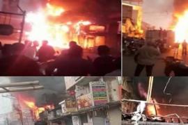 Fierce fire in Raipur market, three shops and godowns gutted   Goods worth lakhs including car-bike burnt to ashes, Chhattisgarh, wedding card shop, electronic goods shop, smoke rising, Maudhapara police station in-charge Nitesh Thakur, Phool Chowk, police and fire brigade, short circuit, chaos,khbargali