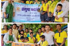 Sapling plantation at Arpan Divyang Public School Raipur under the joint aegis of Safe Bhava Foundation and Pratyusha Foundation, Dr.Sandeep Dhuppad, Chairman of Safe Bhava Foundation, Preeti Das Mishra, President of Pratyusha Foundation, traffic instructor T.K.  Bhoi, Kajal Singh, Deepak Moryani, Deepak Sharma Laxmikant Yamini Sahu Lata School, Raipur, Khabargali