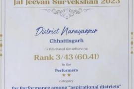 Narayanpur district received a citation from the Union Water Power Ministry for its excellent performance in the Jaljeevan Survey 2023, another national award for Chhattisgarh, Mission Director Jaljeevan Mission, Alok Katiyar, Chhattisgarh, Khabargali