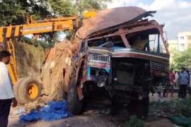 The truck went out of control and fell down from the bridge, the driver died tragically on the spot...