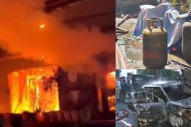 A massive fire broke out during the charging of an EV car, four gas cylinders exploded like bombs, burning eight people alive.khabargali hindi news  latest news big news khabargali 