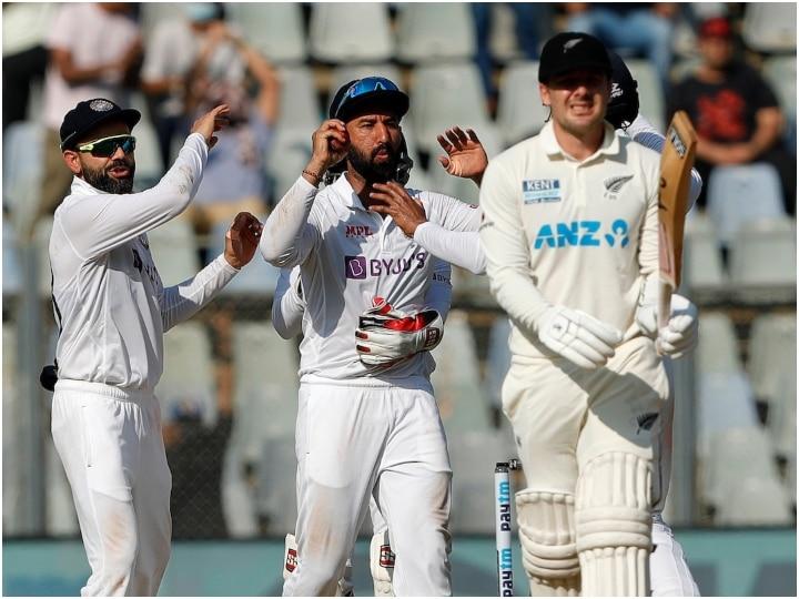 India and New Zealand, New Zealand's spin bowler Ejaz Patel, Wankhede Stadium, Mumbai, Kiwi team, Mohd. siraj, akshar patel, ashwani, cricket match, khabargali