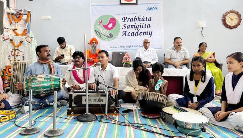 Prabhat Sangeet Academy, Spiritual Raga, Lay, Sur, Taal, Classicality, Sri Sri Anandmurthy ji, Acharya Arpitanand Avadhoot, Diocese Secretary, Anand Marg Pracharak Sangh, Baron Bazar, Raipur, Renosa Universal, Chairman Dr. Satyajit Sahu Chhattisgarh, Indrajit Sahu,  Siddhartha Dev, Dr. Purushottam Chandrakar, Acharya Dayasekharanand, H.L.  Broker Malti Parganiha, Bhukti Pradhan Chandrashekhar Chandrakar Art Guru Pran Deep, Kirti Yadav, Mayram Surjan School, Khabargali