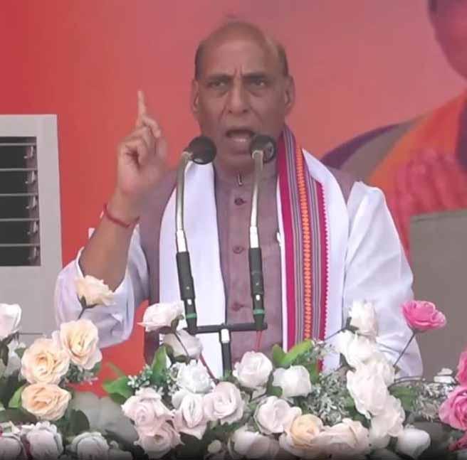 Union Defence Minister Rajnath Singh at the election rally in Geedam, BJP candidate from Bastar Lok Sabha seat Mahesh Kashyap, Chhattisgarh, Khabargali