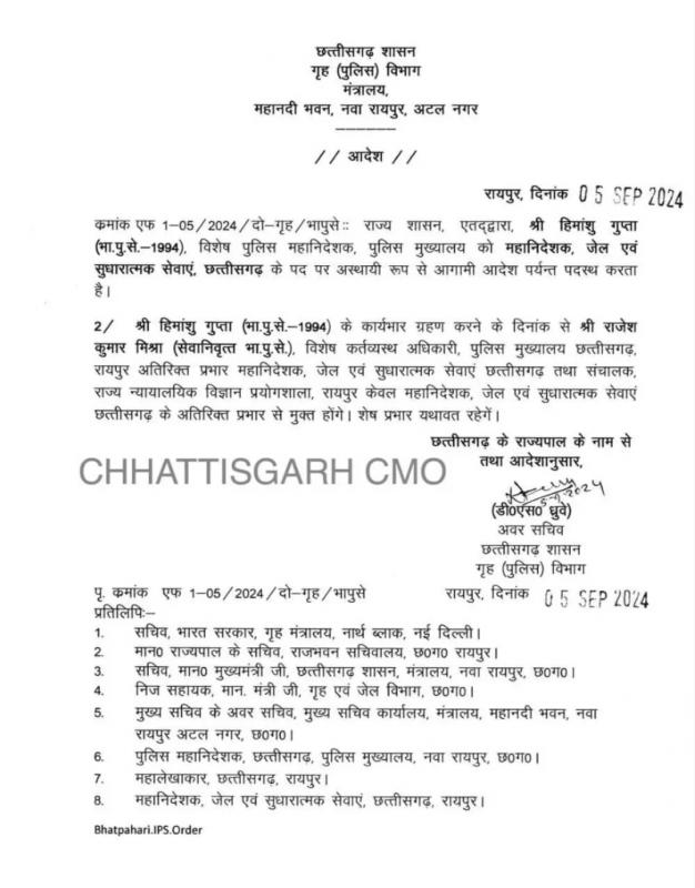 CG BREAKING: Transfer of 2 IPS officers by Home Department... Cg news hindi news big news khabargali 