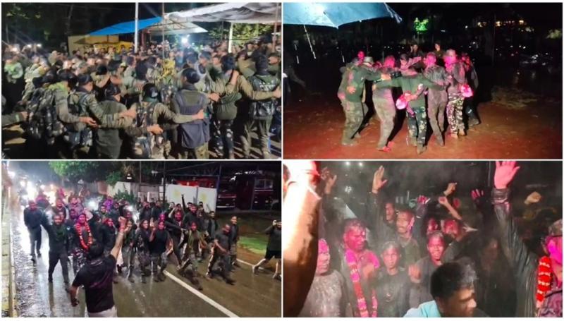 The soldiers celebrated the victory....danced in the pouring rain and shouted slogans of Bharat Mata ki Jai, expressed the joy of killing the main Maoist leader Basav Raju and his companions in this way, Narayanpur, Chhattisgarh, Khabargali