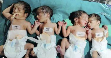 The woman gave birth to four children at once, a son and three daughters.