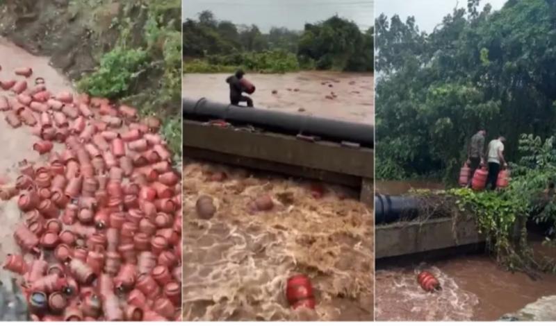 3000 LPG cylinders washed away in flood... panic ensues, Khabargali